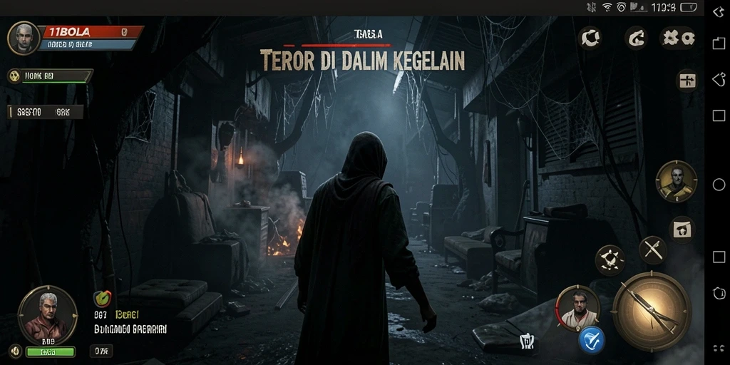 Tampilan gameplay menegangkan dari 11BOLA yang menggambarkan kegelapan menakutkan.