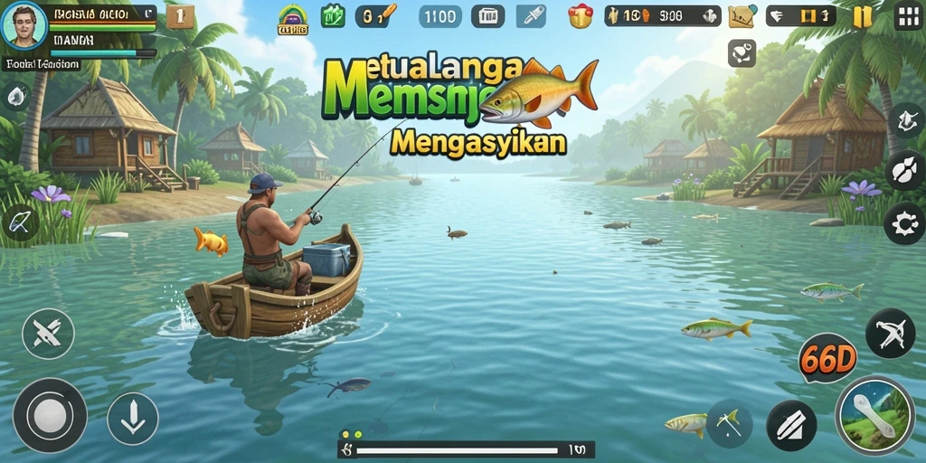 Gameplay memancing seru di 66D dengan pemandangan alam yang indah.