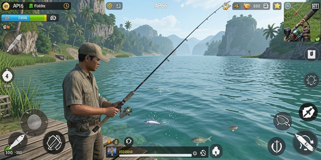 Tampilan gameplay <strong>API66</strong> dengan berbagai jenis ikan dan lokasi memancing yang indah.
