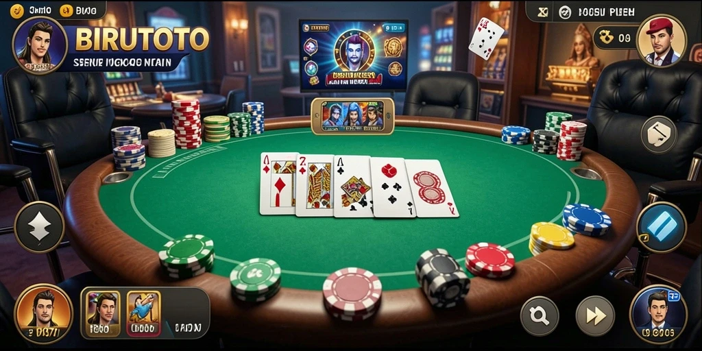 Tampilan gameplay <strong>BIRUTOTO</strong> yang menarik dengan kartu dan meja poker.