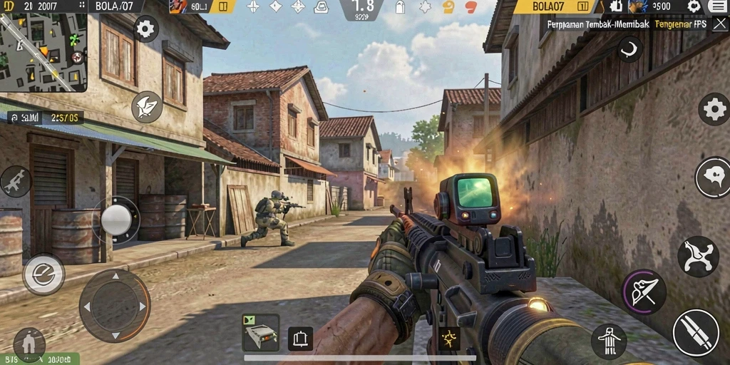 Screenshot gameplay BOLA07 menampilkan aksi tembak-menembak yang intens.