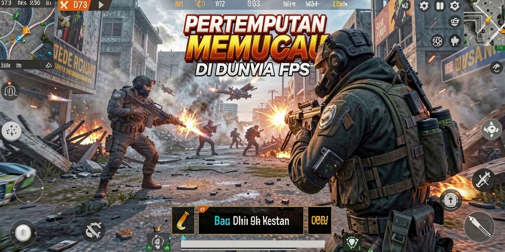 Screenshot utama D73 menampilkan aksi pertempuran FPS yang mendebarkan.