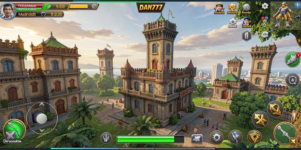 Tampilan gameplay strategis di DAN777 dengan menara dan musuh beragam.