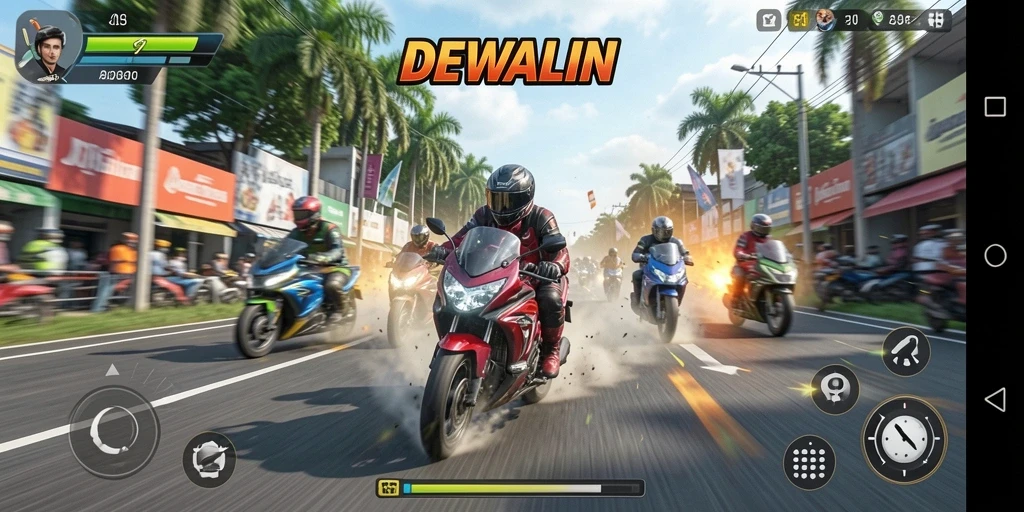 Screenshot gameplay DEWALIN saat balapan motor di lintasan yang menegangkan.