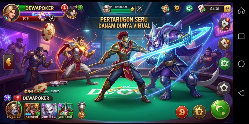 Screenshot DEWAPOKER menampilkan aksi pertarungan seru antara karakter yang unik.