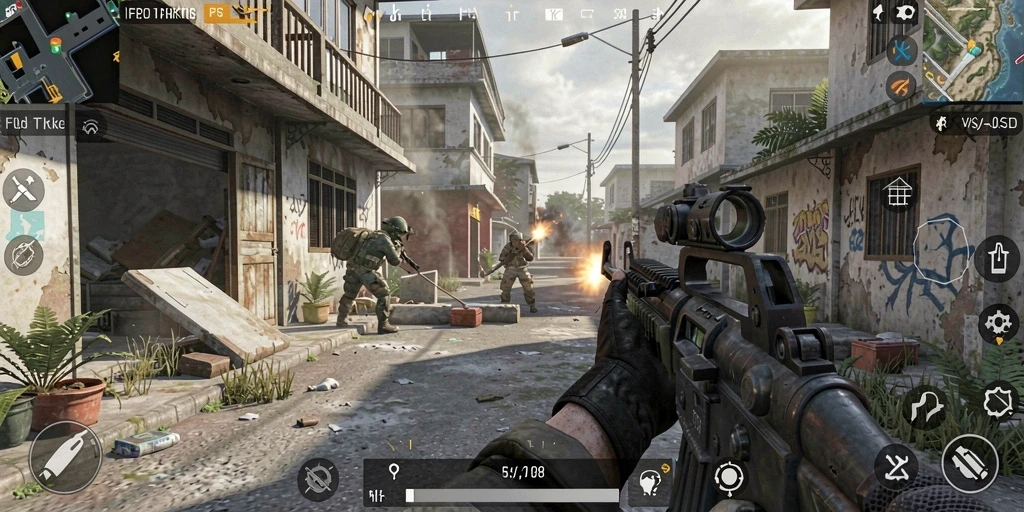 Tangkapan layar gameplay F08 menunjukkan aksi tembak-menembak yang mendebarkan.