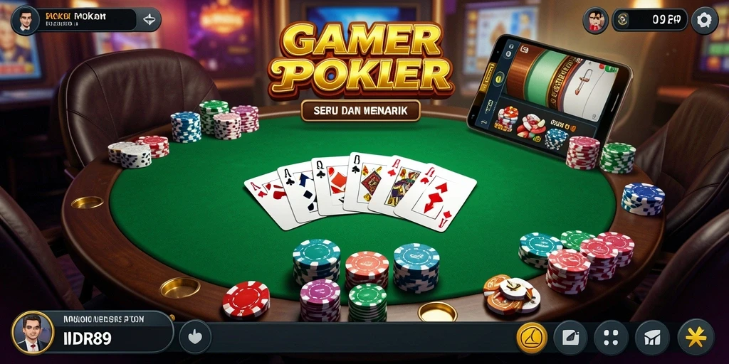 Gameplay Poker seru di aplikasi IDR89 dengan antarmuka menarik.