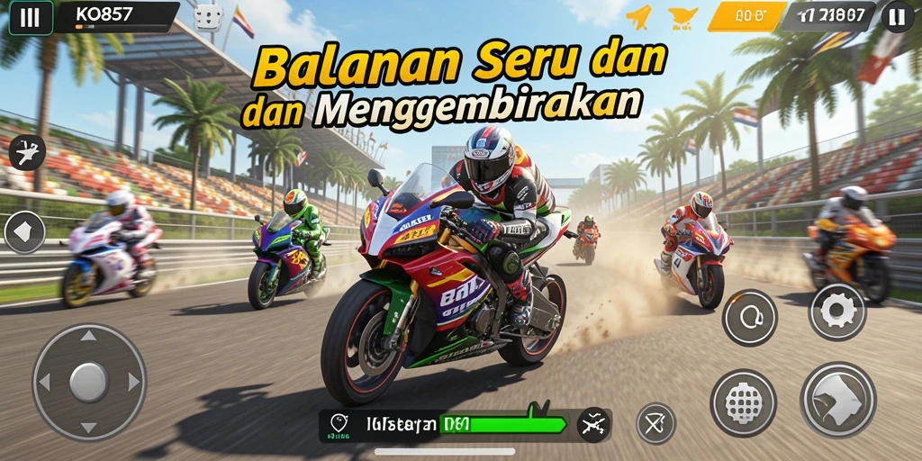 Gameplay seru KO857 dengan balapan motor yang menantang.