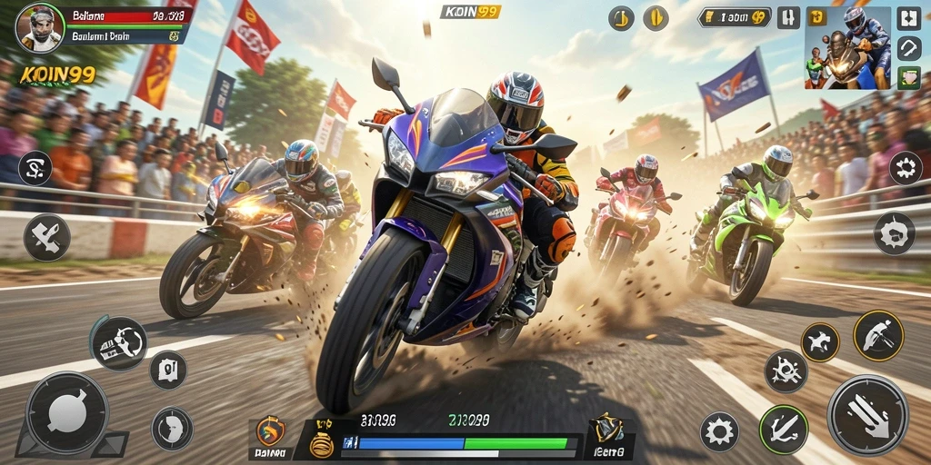 Screenshot KOIN99 menunjukkan aksi balapan motor yang mendebarkan.