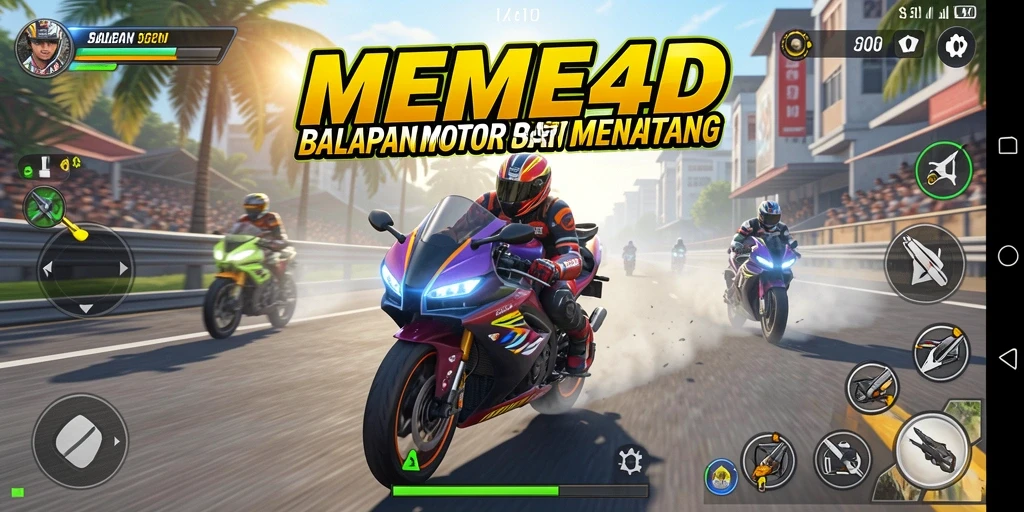 Screenshot gameplay dari MEME4D menampilkan momen seru balapan motor.