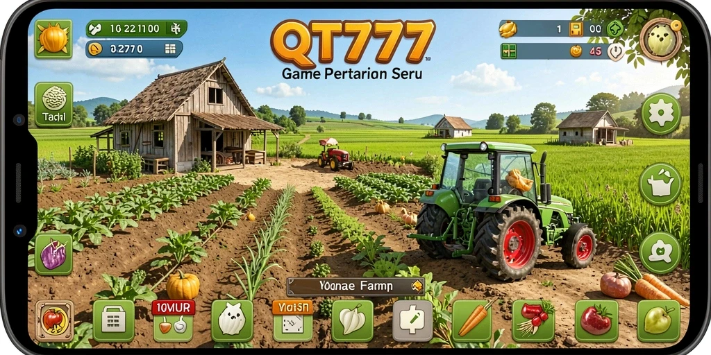 Tampilan gameplay QT777 yang menampilkan ladang hijau dan aktivitas bertani.