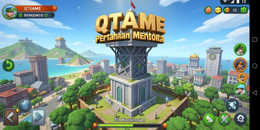 Tangkapan layar gameplay QTGAME menampilkan pertarungan Tower Defense yang intens.