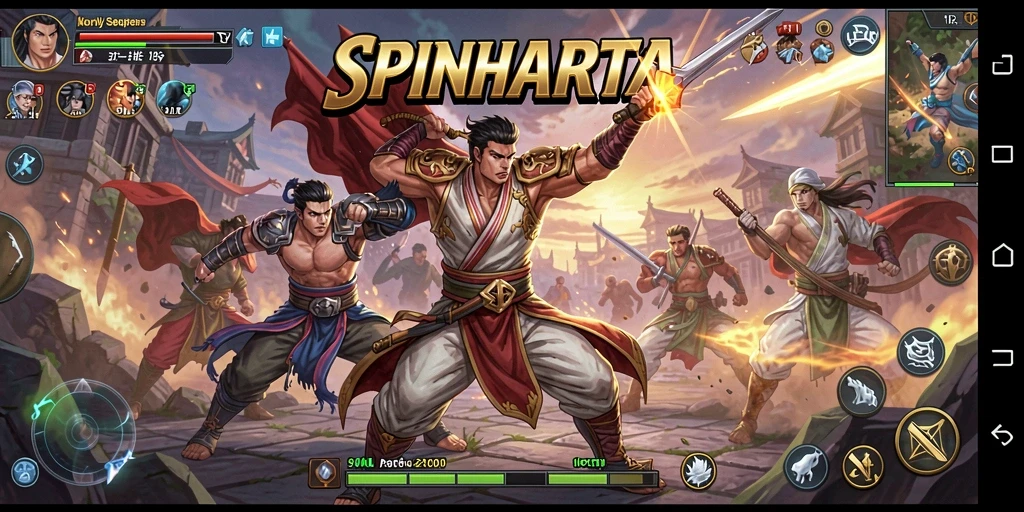 Tampilan seru gameplay SPINHARTA dengan pertarungan yang dinamis.