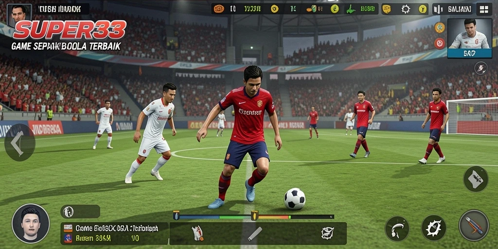 Screenshot gameplay menunjukkan aksi mendebarkan di lapangan sepak bola.