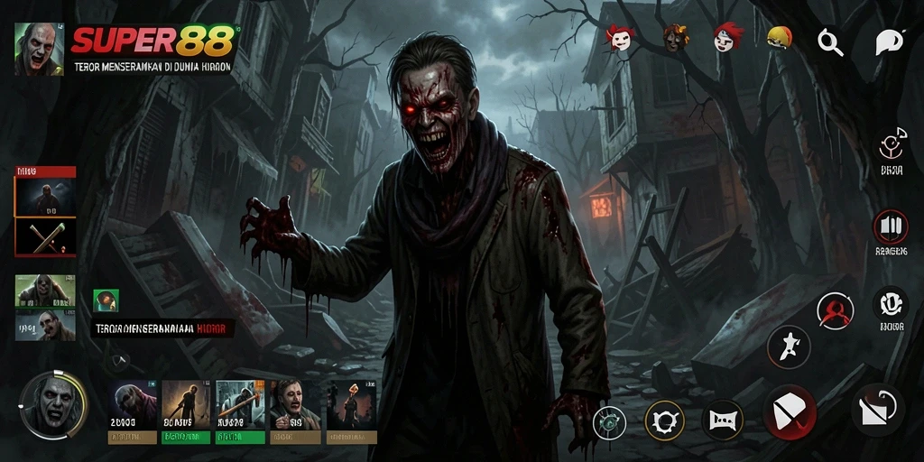 Screenshot gameplay <strong>SUPER88</strong> menampilkan suasana mencekam dan karakter menyeramkan.
