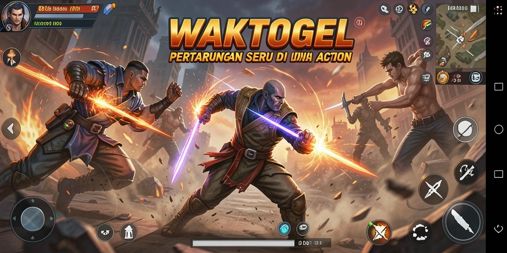 Tangkapan layar utama WAKTOGEL dengan aksi bertarung yang mendebarkan.