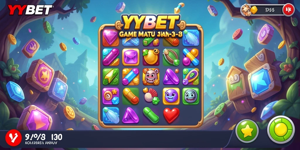 Screenshot YYBET menunjukkan gameplay Match-3 yang menarik dan penuh warna.